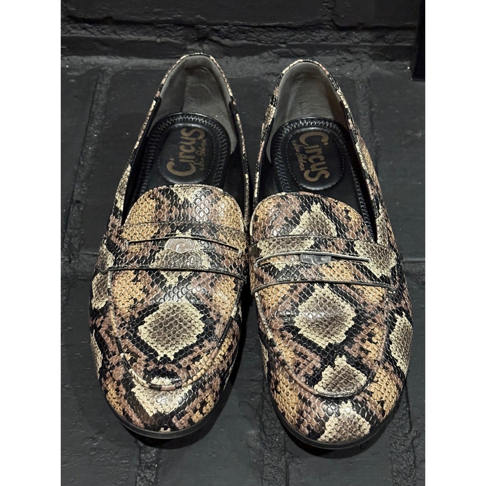 Circus by Sam Edelman Snakeskin Penny Loafers Brown Tan Flats Size 8.5